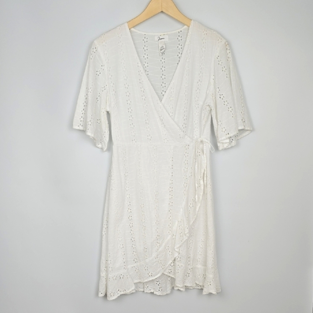 Japna Women's White Wrap Short Sleeves Cotton Embroidered Eyelet Dress Ruffles L